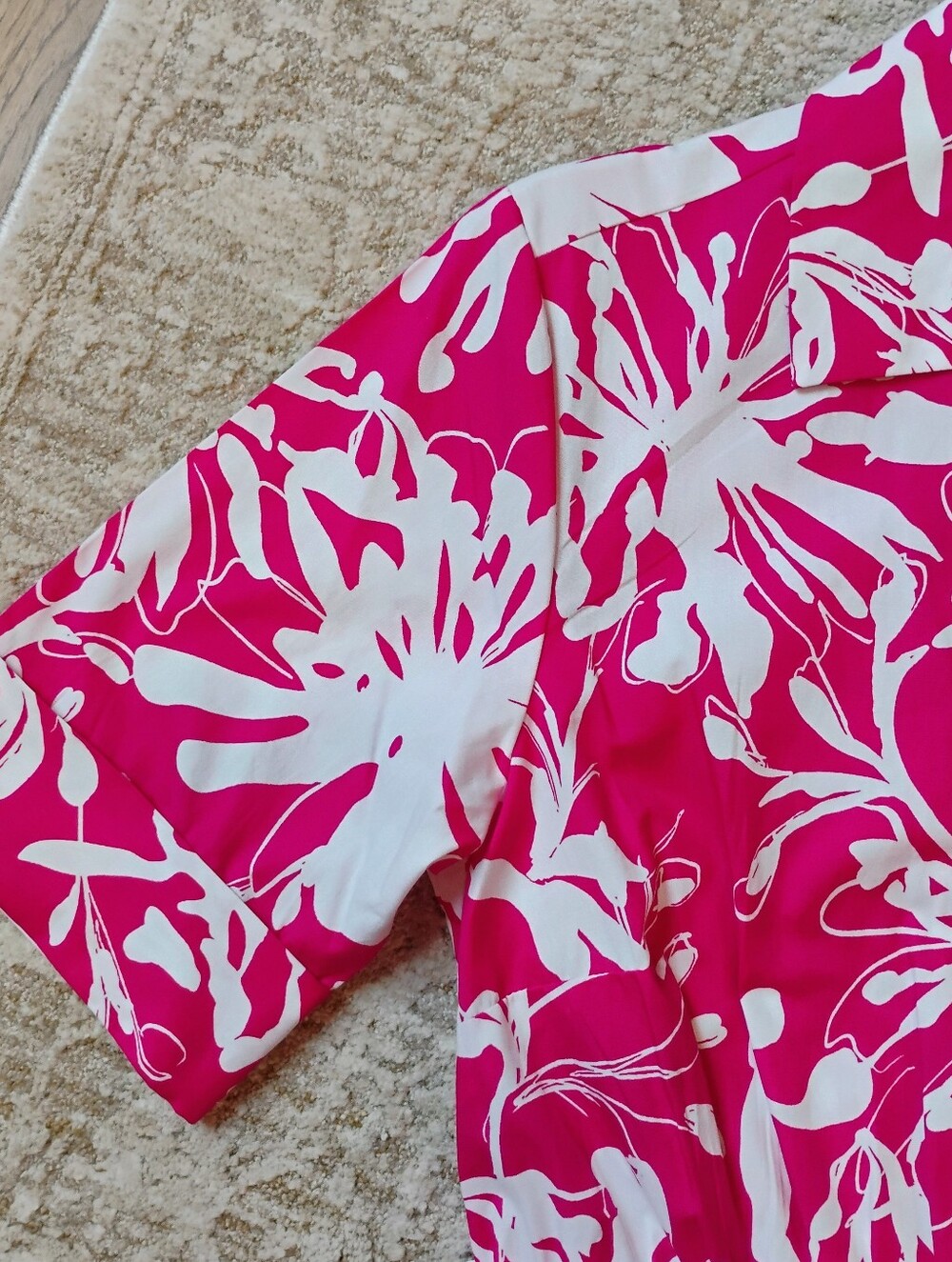 NWT 4 DKNY Fuchsia And White Abstract Floral Short Sleeve Midi Shirt Dress NEW - Picture 5 of 12